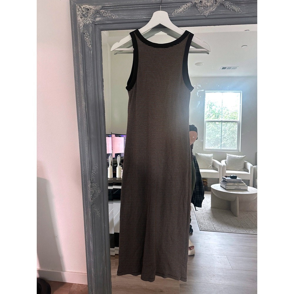 Uniqlo Ribbed Built in Bra Sleeveless Dress Brown Black Striped Midi Racerback M - Picture 7 of 10